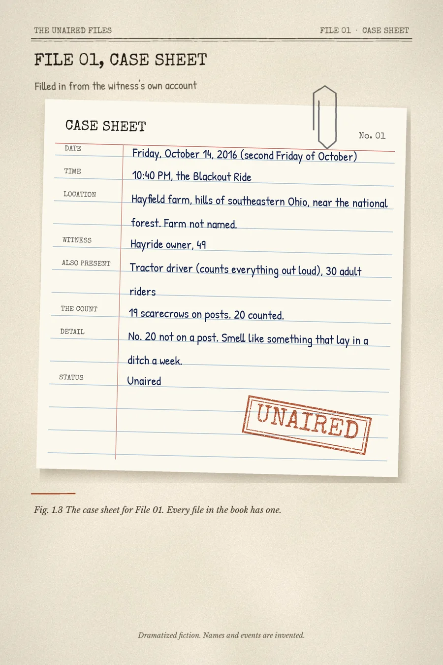 Fig. 1.3, the File 01 case sheet: date, time, location, witness, the count of 19 posts and 20 scarecrows, status unaired
